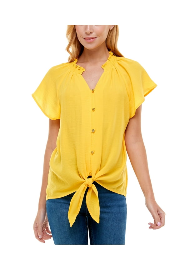 Womens Smocked Neck Tie Front Blouse Freesia S