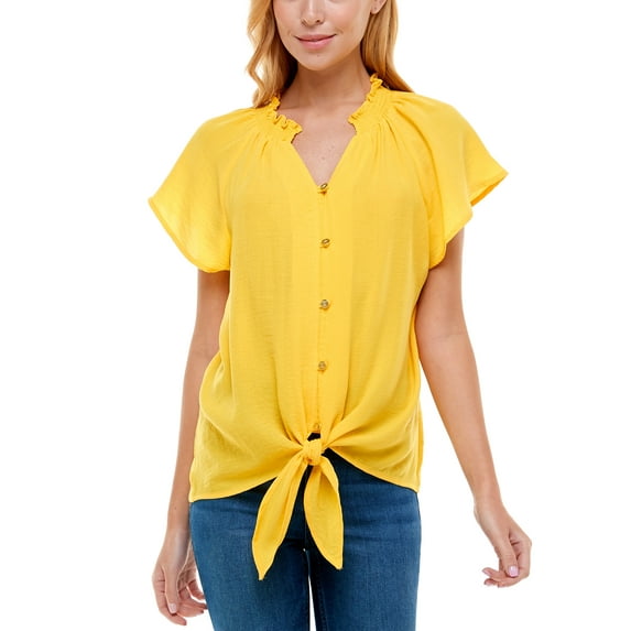 Womens Smocked Neck Tie Front Blouse Freesia S