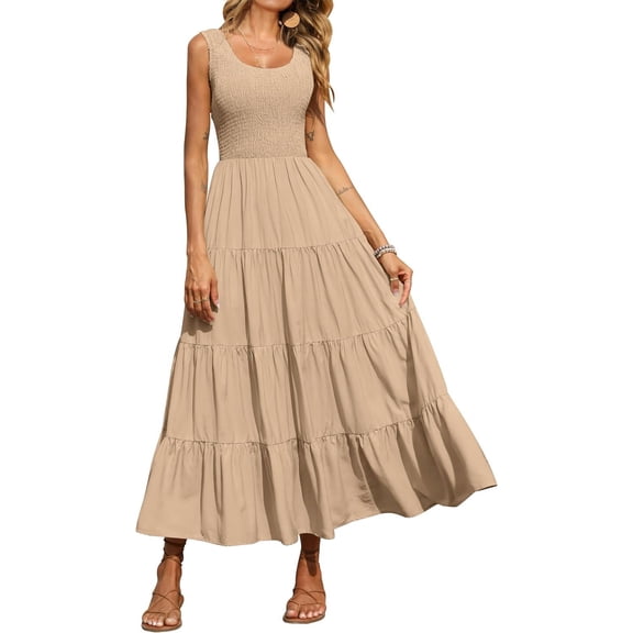 Womens Smocked Sleeveless Tiered Long Dresses