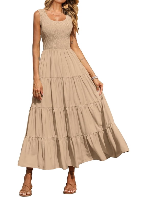 Womens Smocked Sleeveless Tiered Long Dresses