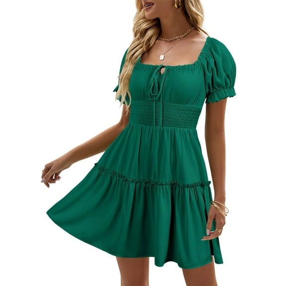 Womens Smocked Square Neck Boho Floral Short Sleeve Ruffle Beach Summer Mini Dress