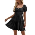 thumbnail image 1 of Womens Smocked Square Neck Boho Floral Short Sleeve Ruffle Beach Summer Mini Dress, 1 of 5
