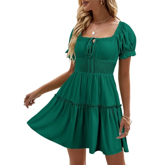 Womens Smocked Square Neck Boho Floral Short Sleeve Ruffle Beach Summer Mini Dress