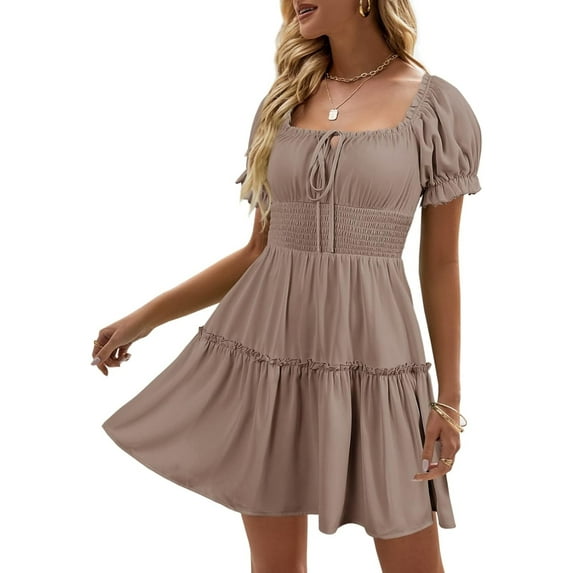 Womens Smocked Square Neck Boho Floral Short Sleeve Ruffle Beach Summer Mini Dress