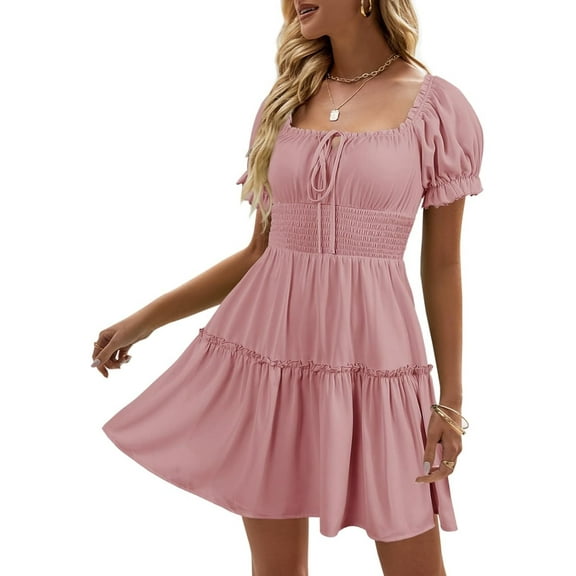 Womens Smocked Square Neck Boho Floral Short Sleeve Ruffle Beach Summer Mini Dress