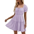 thumbnail image 1 of Womens Smocked Square Neck Boho Floral Short Sleeve Ruffle Beach Summer Mini Dress, 1 of 8