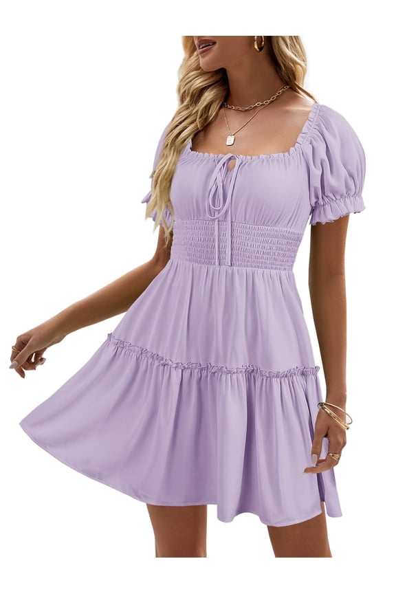 Womens Smocked Square Neck Boho Floral Short Sleeve Ruffle Beach Summer Mini Dress