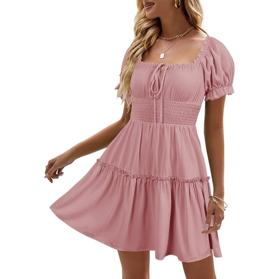 Womens Smocked Square Neck Boho Floral Short Sleeve Ruffle Beach Summer Mini Dress