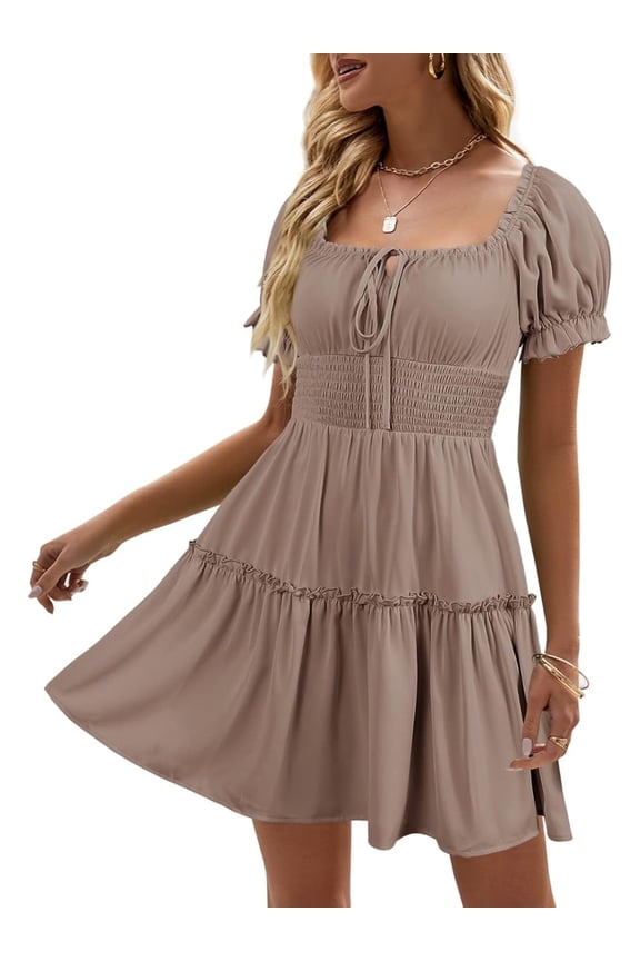Womens Smocked Square Neck Boho Floral Short Sleeve Ruffle Beach Summer Mini Dress