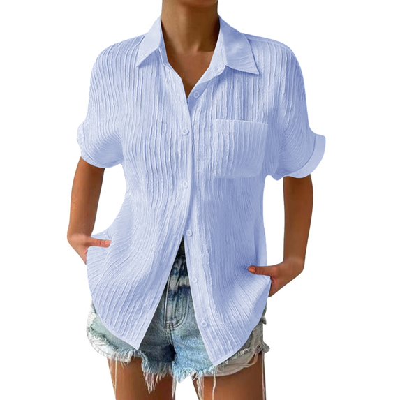Womens Smocked Striped Boyfriend Shirt Casual Collar Shorts Sleeve Button Down Blouse Tops with Pocket Blue S