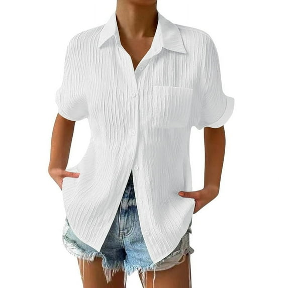 Womens Smocked Striped Boyfriend Shirt Casual Collar Shorts Sleeve Button Down Blouse Tops with Pocket White 5XL