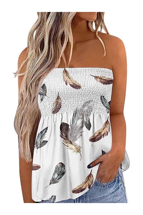 Womens Smocked Tube Tops Strapless Bandeau Pleated Printed Sleeveless Shirts Slim Fit Sexy Summer Dressy Tanks Tops