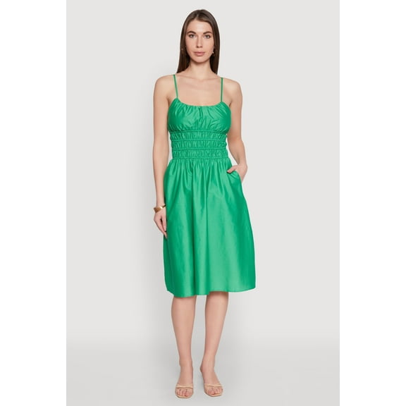 Womens Smocked Waist Poplin Midi Dress