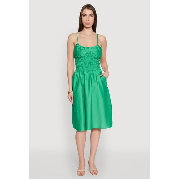 Womens Smocked Waist Poplin Midi Dress