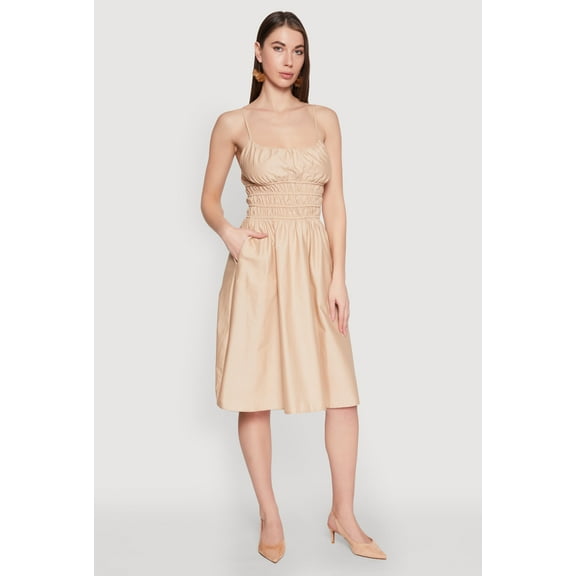 Womens Smocked Waist Poplin Midi Dress