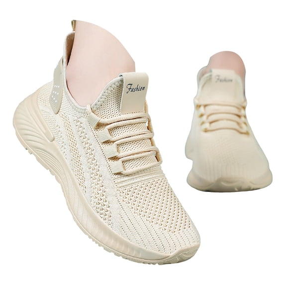 Womens Sneakers Breathable Knitted Slip on Soft Sole Tennis Shoes Comfortable Lace up Antislip Solid Color Sneakers Beige Size 7