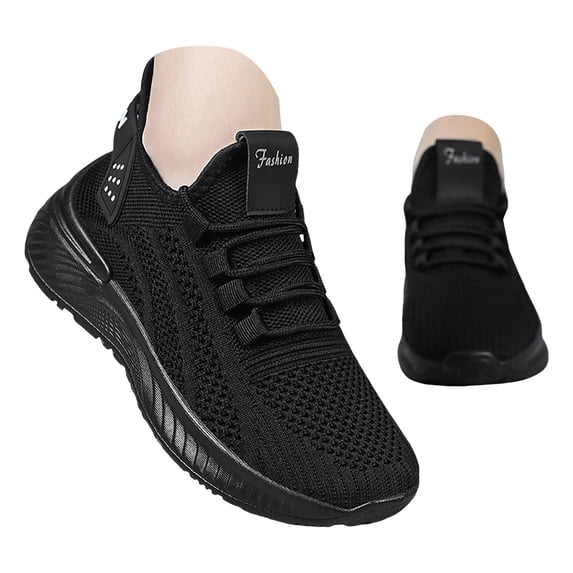 Womens Sneakers Breathable Knitted Slip on Soft Sole Tennis Shoes Comfortable Lace up Antislip Solid Color Sneakers Black Size 6.5