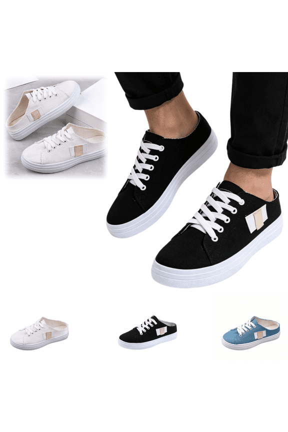 Womens Sneakers Canvas Fashion Lightweight Slip-On Flat Sneakers Backless Daily Non-Slip Outdoor Walking Shoes