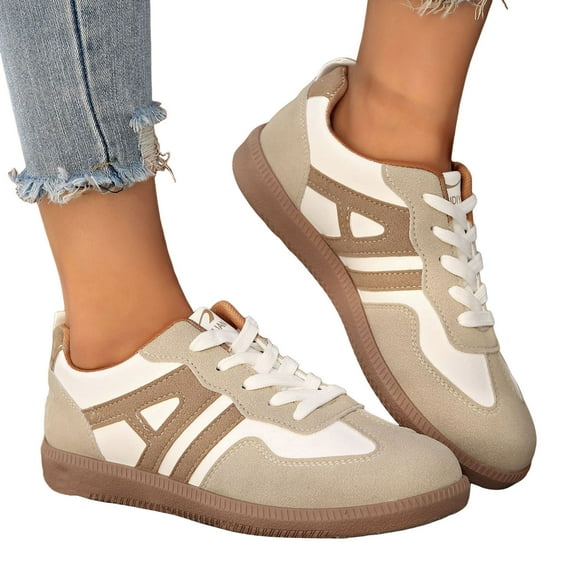 Womens Sneakers Classic Retro Color Block Nonslip Trainers Skate Shoes Casual Lace up Comfortable Walking Shoes Khaki Size 9.5