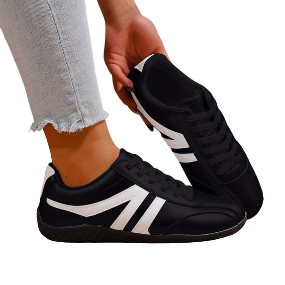 Womens Sneakers Color Block Leather Lace up Tennis Skate Shoes Classic Antislip Soft Sole Trainers Athletic Shoes Black Size 6.5
