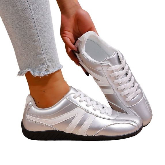 Womens Sneakers Color Block Leather Lace up Tennis Skate Shoes Classic Antislip Soft Sole Trainers Athletic Shoes Silver Size 8.5