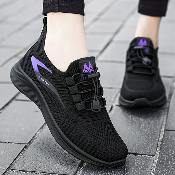 Womens Sneakers Fashion Summer Autumn Flat Lightweight Mesh Breathable Elastic (Black 6.5)