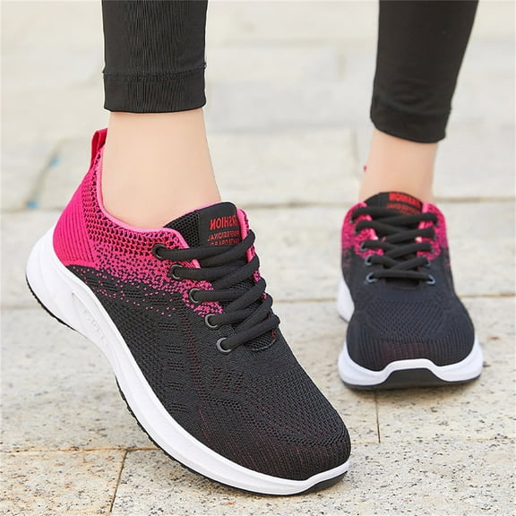 Womens Sneakers Flat Bottom Lightweight Comfortable Mesh Breathable Lace up Colorblock Casual Shoes (Black 6.5)