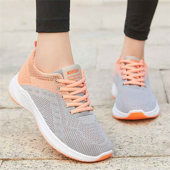 Womens Sneakers Flat Bottom Lightweight Comfortable Mesh Breathable Lace up Colorblock Casual Shoes (Orange 7)