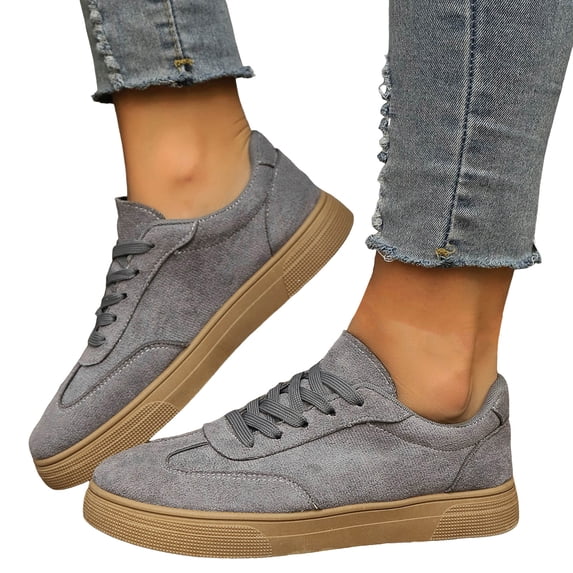 Womens Sneakers Solid Color Suede Casual Lace up Walking Shoes Fashion Low Top Tennis Shoes Comfy Outdoor Flat Shoes Gray Size 9