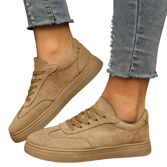 Womens Sneakers Solid Color Suede Casual Lace up Walking Shoes Fashion Low Top Tennis Shoes Comfy Outdoor Flat Shoes Khaki Size 6