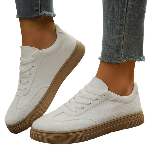 Womens Sneakers Solid Color Suede Casual Lace up Walking Shoes Fashion Low Top Tennis Shoes Comfy Outdoor Flat Shoes White Size 6.5