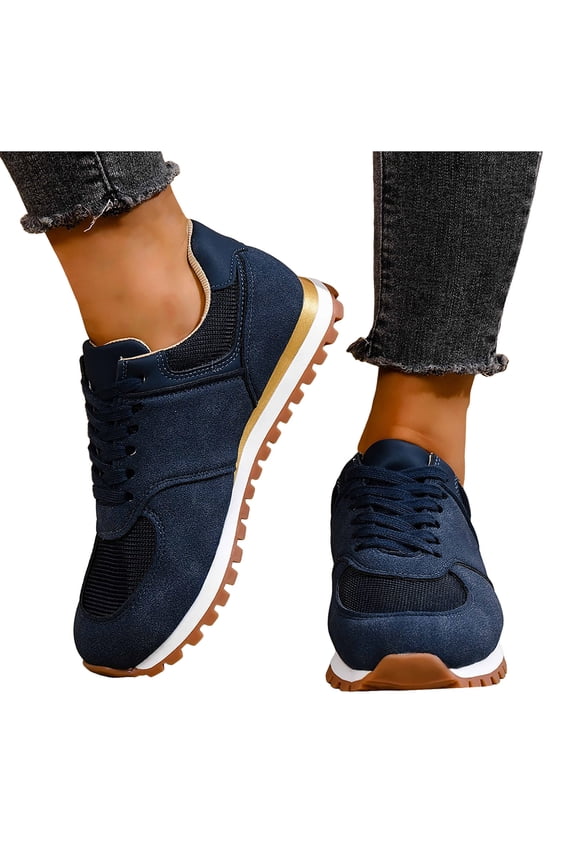 Womens Sneakers Splice Mesh Suede Lace up Antislip Walking Shoes Fashion Athletic Running Trainer Shoes Navy Size 8.5
