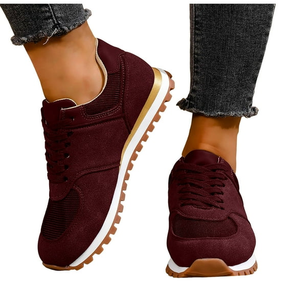 Womens Sneakers Splice Mesh Suede Lace up Antislip Walking Shoes Fashion Athletic Running Trainer Shoes Wine Size 9.5
