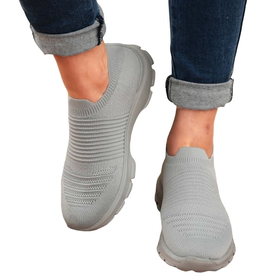 Womens Sneakers Stretch Knitted Slip on Sock Shoes Nonslip Soft Sole Comfortable Arch Support Casual Walking Shoes Loafers Gray Size 9.5