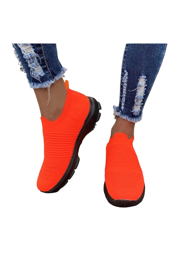 Womens Sneakers Stretch Knitted Slip on Sock Shoes Nonslip Soft Sole Comfortable Arch Support Casual Walking Shoes Loafers Orange Size 7.5