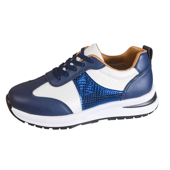 Womens Sneakers Trendy Splice Leather Color Blocking Lace up Nonslip Tennis Shoes Comfortable Casual Walking Shoes Blue Size 8.5