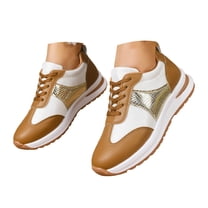 Womens Sneakers Trendy Splice Leather Color Blocking Lace up Nonslip Tennis Shoes Comfortable Casual Walking Shoes Brown Size 6.5