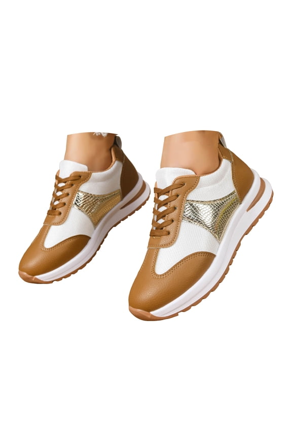 Womens Sneakers Trendy Splice Leather Color Blocking Lace up Nonslip Tennis Shoes Comfortable Casual Walking Shoes Brown Size 7