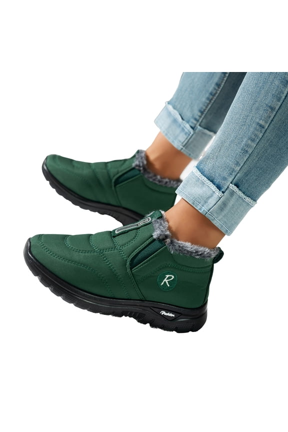 Womens Snow Boots Casual Furry Lined Slip on Booties Platform Loafers Antislip Winter Outdoor Walking Shoes Green Size 9