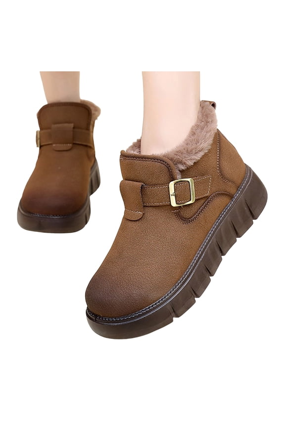 Womens Snow Boots Casual Platform Retro Leather Slip on Furry Lined Winter Booties Buckle Strap Round Toe Walking Shoes Brown 8