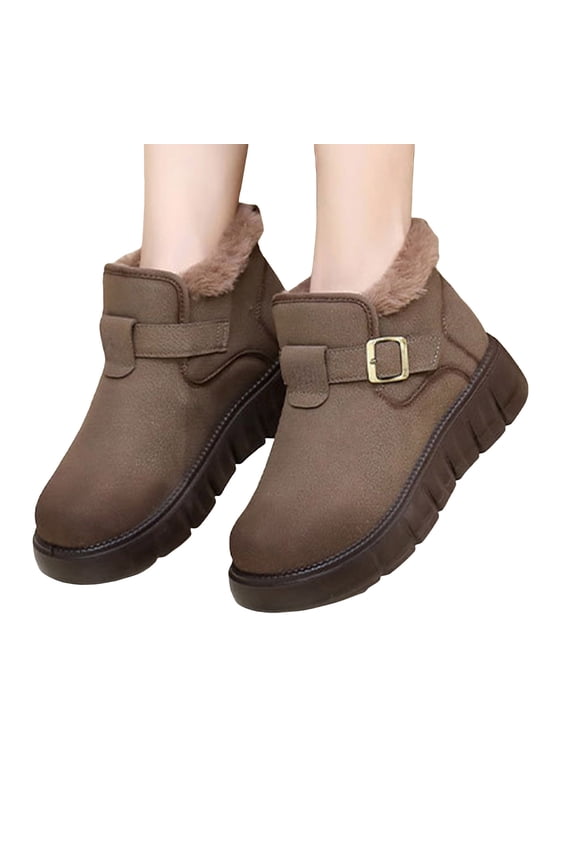 Womens Snow Boots Casual Platform Retro Leather Slip on Furry Lined Winter Booties Buckle Strap Round Toe Walking Shoes Coffee 5.5
