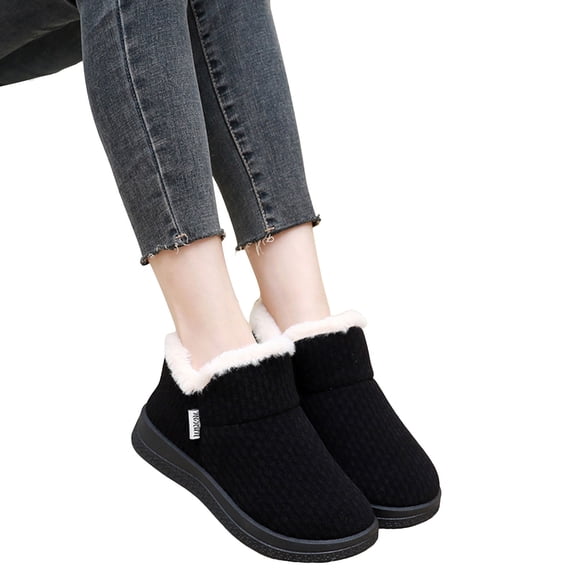 Womens Snow Boots Casual Woven Warm Furry Lined Slip on Winter Ankle Booties Platform Nonslip Cold Weather Outdoor Walking Shoes Black Size 8.5
