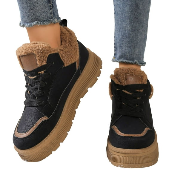 Womens Snow Boots Fashion Low Top Splice Leather Lace up Fuzzy Winter Booties Antislip Cold Weather Ankle Boots