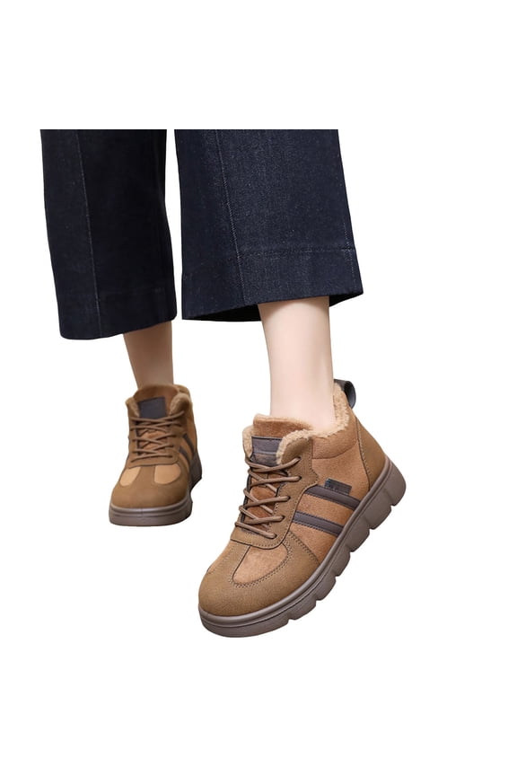 Womens Snow Boots Fashion Splice Leather Lace up Winter Ankle Booties Fuzzy Lined Platform Sneakers Walking Shoes Brown Size 5.5