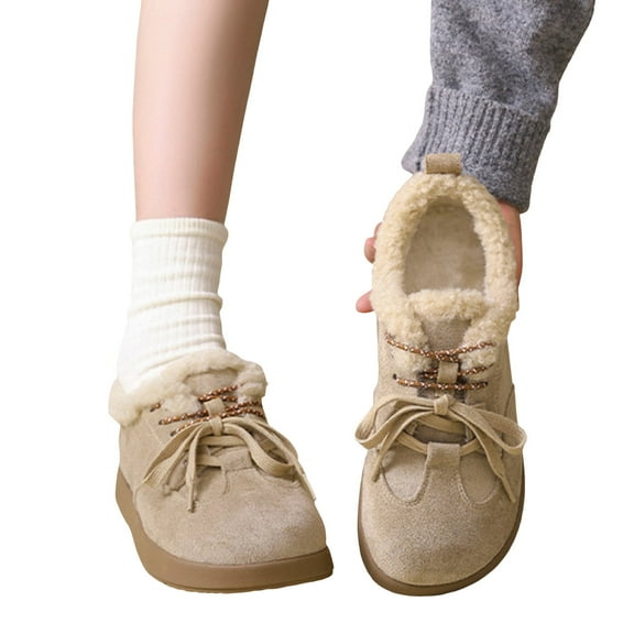 Womens Snow Boots Fashion Splice Suede Low Top Lace up Fuzzy Winter Casual Walking Shoes Outdoor Antislip Ankle Booties