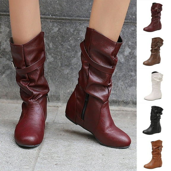Womens Snow Boots Flat Heel Round Toe Casual Versatile Trendy Womens Warm Boots with Belt Buckle Black 6