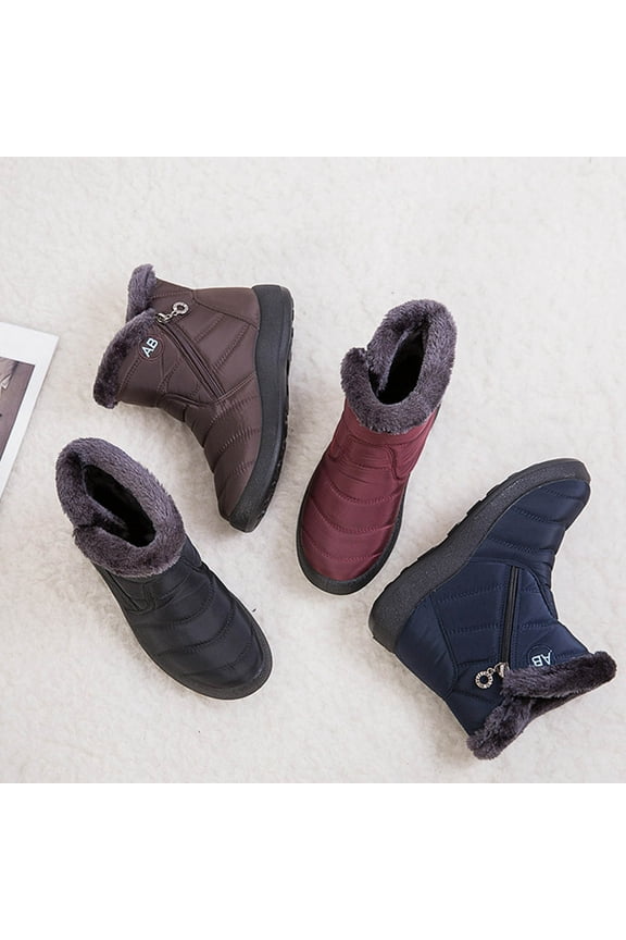 Womens Snow Boots Flat Heel Round Toe Waterproof Slip-on Womens Fuzzy Warm Fur Lined Ankle Booties Shoes Dark Blue 37