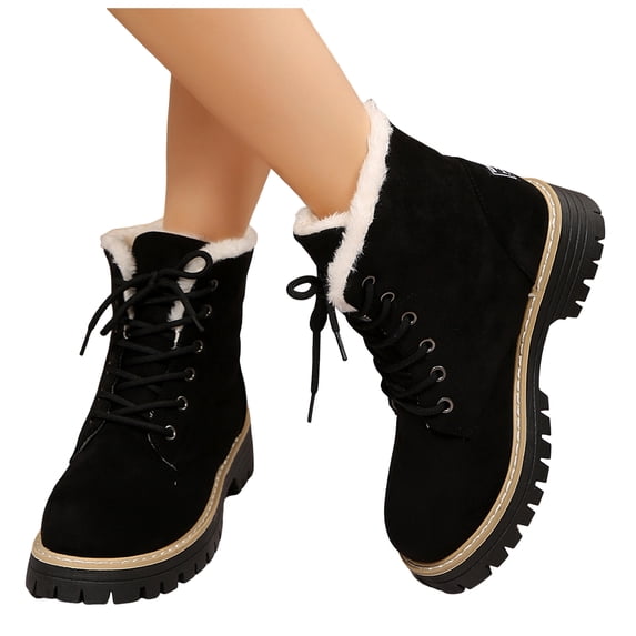 Womens Snow Boots Furry Lined Suede Round Toe Lace up Lug Sole Ankle Booties Winter Warm Casual Low Heel Short Boots Black Size 9.5
