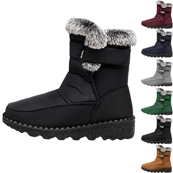 Womens Snow Boots Mid Calf Faux Fur Lined Insulated Shoes Non Slip Water Resistant Cozy Winter Flat Boots