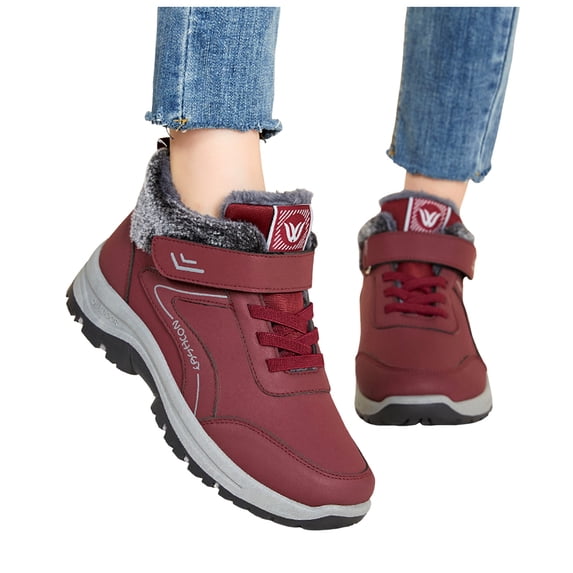 Womens Snow Boots Plush Warm Lace up Nonslip Trekking Hiking Booties Hook and Loop Winter Outdoor Sneakers Red Size 8.5